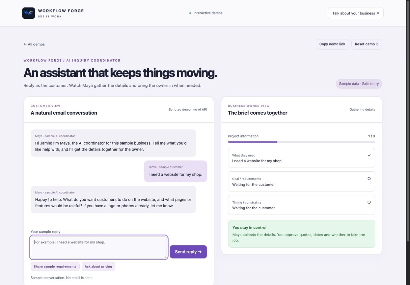 Screenshot of a fictional customer conversation and the project brief it creates in the assistant demo