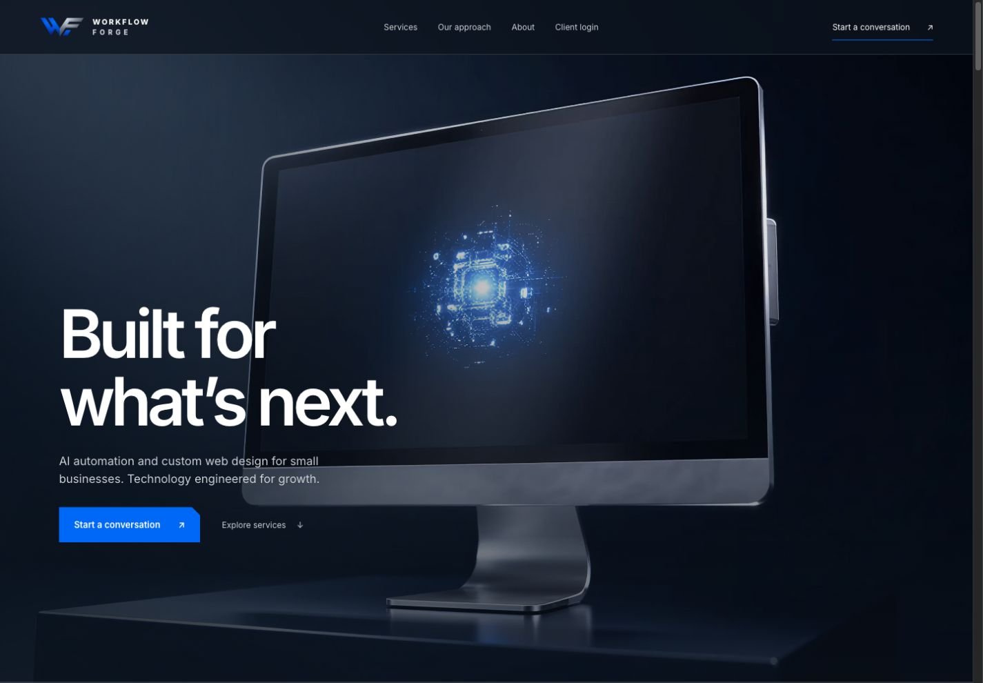 Screenshot of Workflow Forge’s website with its computer hero and project inquiry links